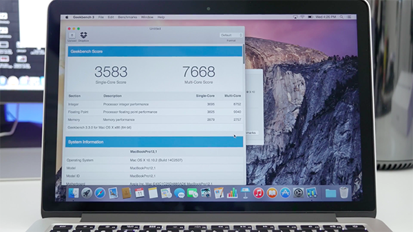 讓 MacBookPro 在 CPU 的 Geekbench 3 跑分,顯示多核處理的分數超過 7600 分。