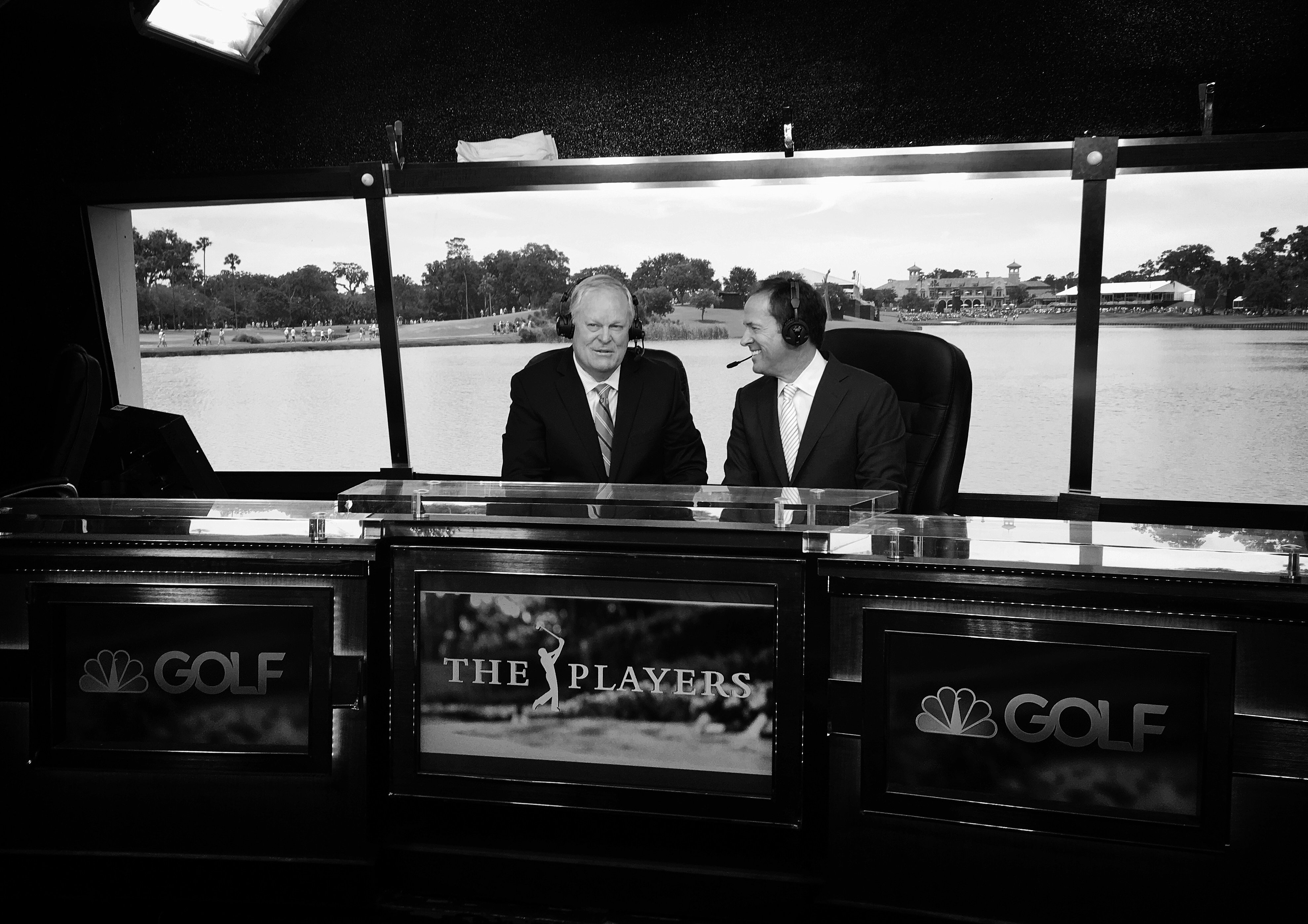 PONTE VEDRA BEACH, FL - MAY 15: NBC sports personalities Johnny Miller and Dan Hicks broadcast live from the studio behind 18 tee during the final round of THE PLAYERS Championship on THE PLAYERS Stadium Course at TPC Sawgrass on May 15, 2016. (©2016 Brad Mangin/PGA TOUR)