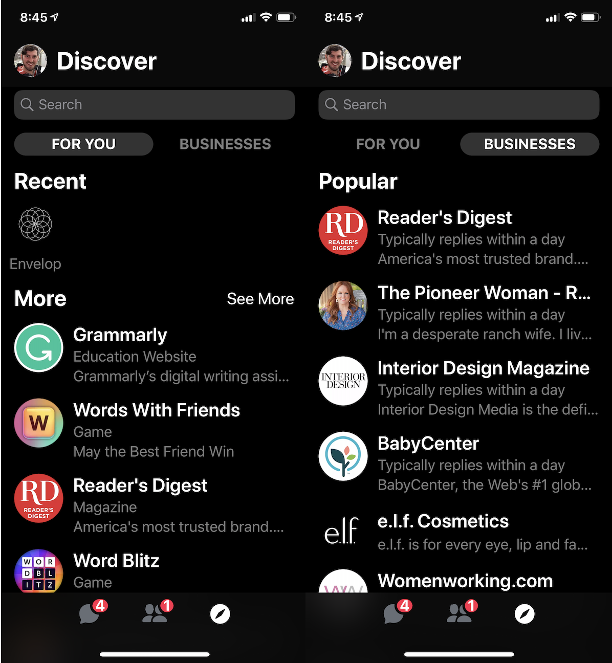Facebook Messenger Discover Tab
