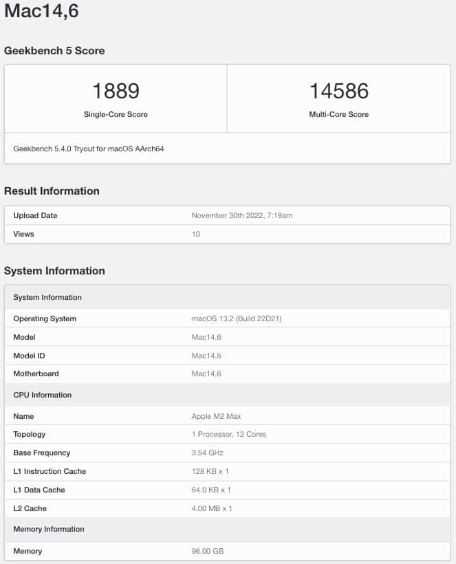 Apple M2 Max SoC Geekbench 96GB 2