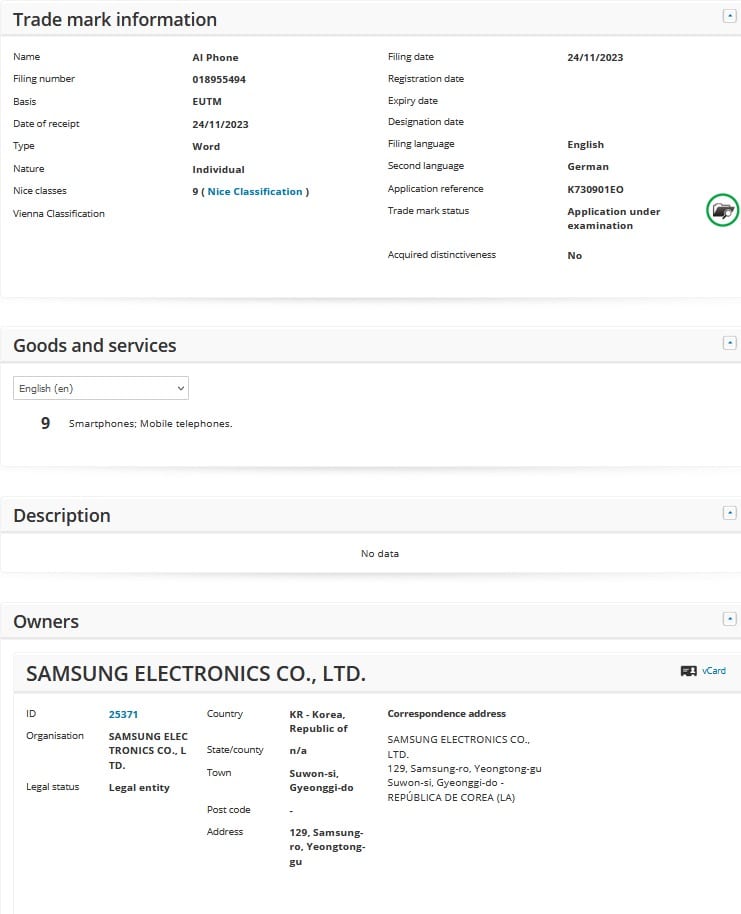 samsung ai phone eu trademark
