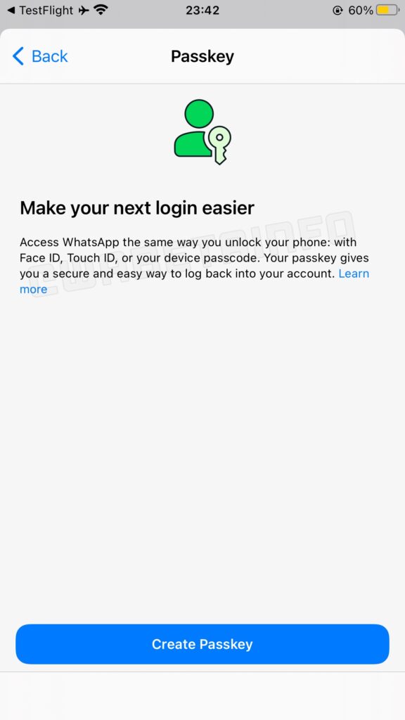 WA PASSKEY FEATURE SETTINGS SCREEN IOS