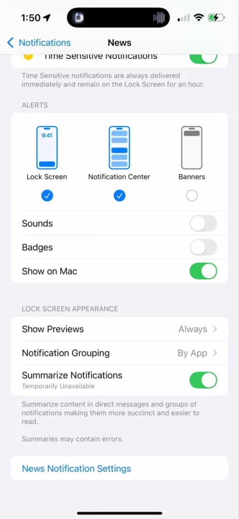 ios183 disable news summerize