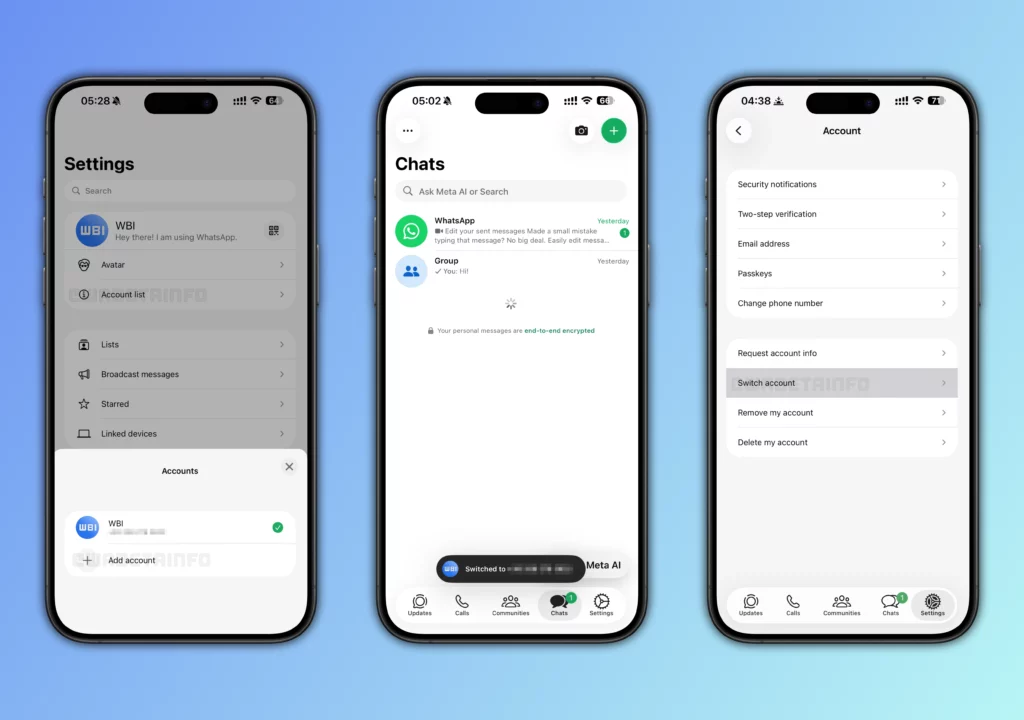 WA MANAGE ADD USE SWITCH MULTIPLE ACCOUNTS SAME DEVICE FEATURE IOS