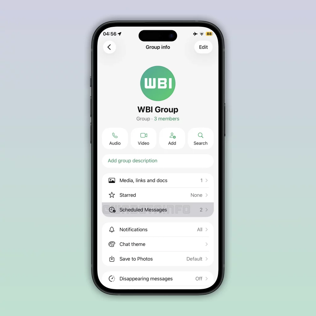 WA SCHEDULED MESSAGE FEATURE CHAT INFO SCREEN IOS