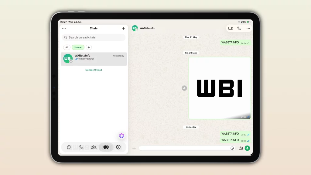 WA WHATSAPP LIQUID GLASS INTERFACE FEATURE IPAD
