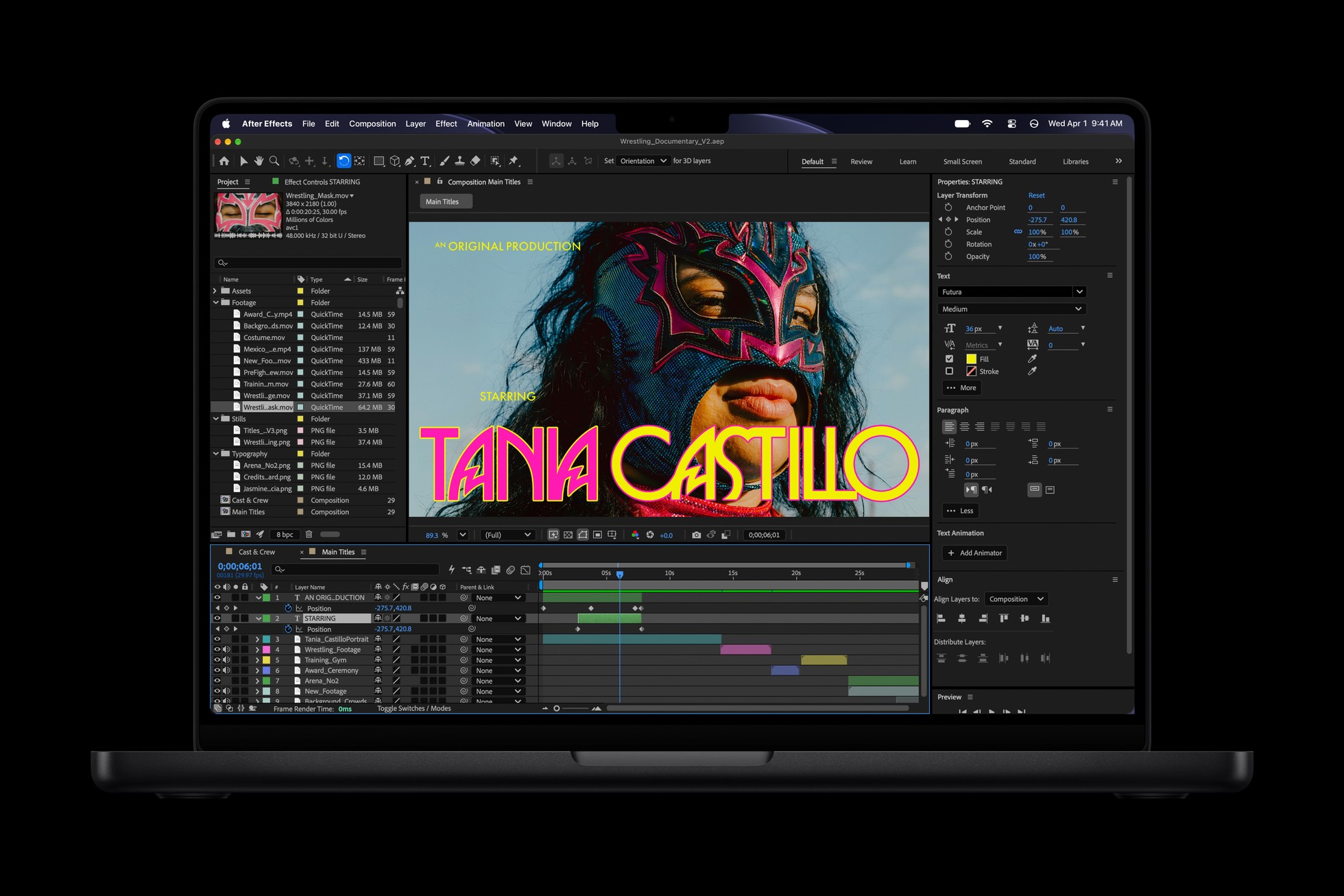 A project is edited in Adobe After Effects on a 14-inch MacBook Pro with M6.