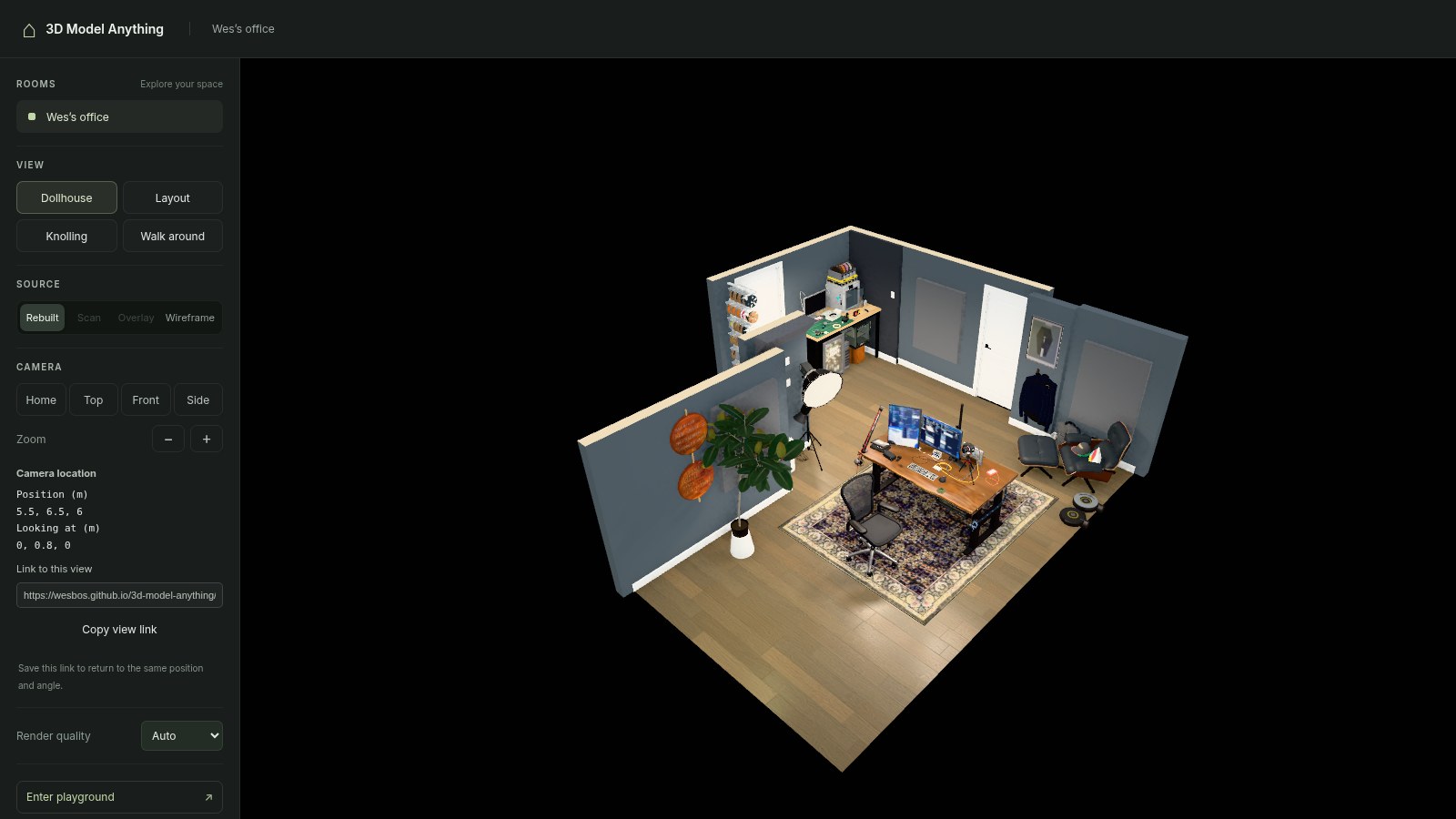 網上 Demo 以娃娃屋模式顯示重建的 Wes Bos 辦公室 3D 模型