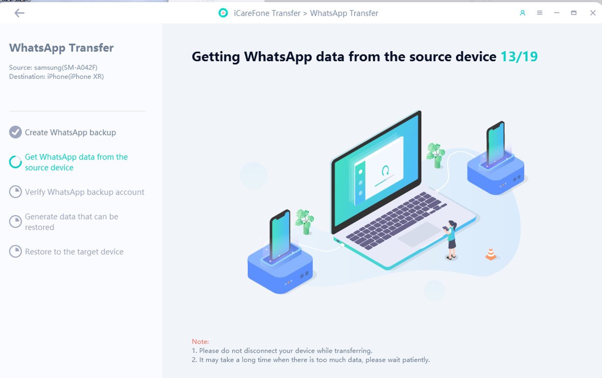 軟體正在取得來源手機的 WhatsApp 資料