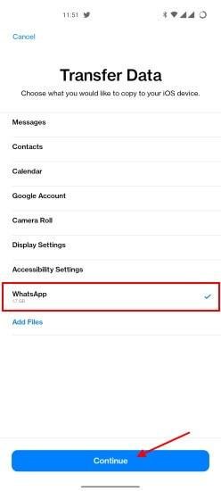 在移轉資料清單勾選 WhatsApp