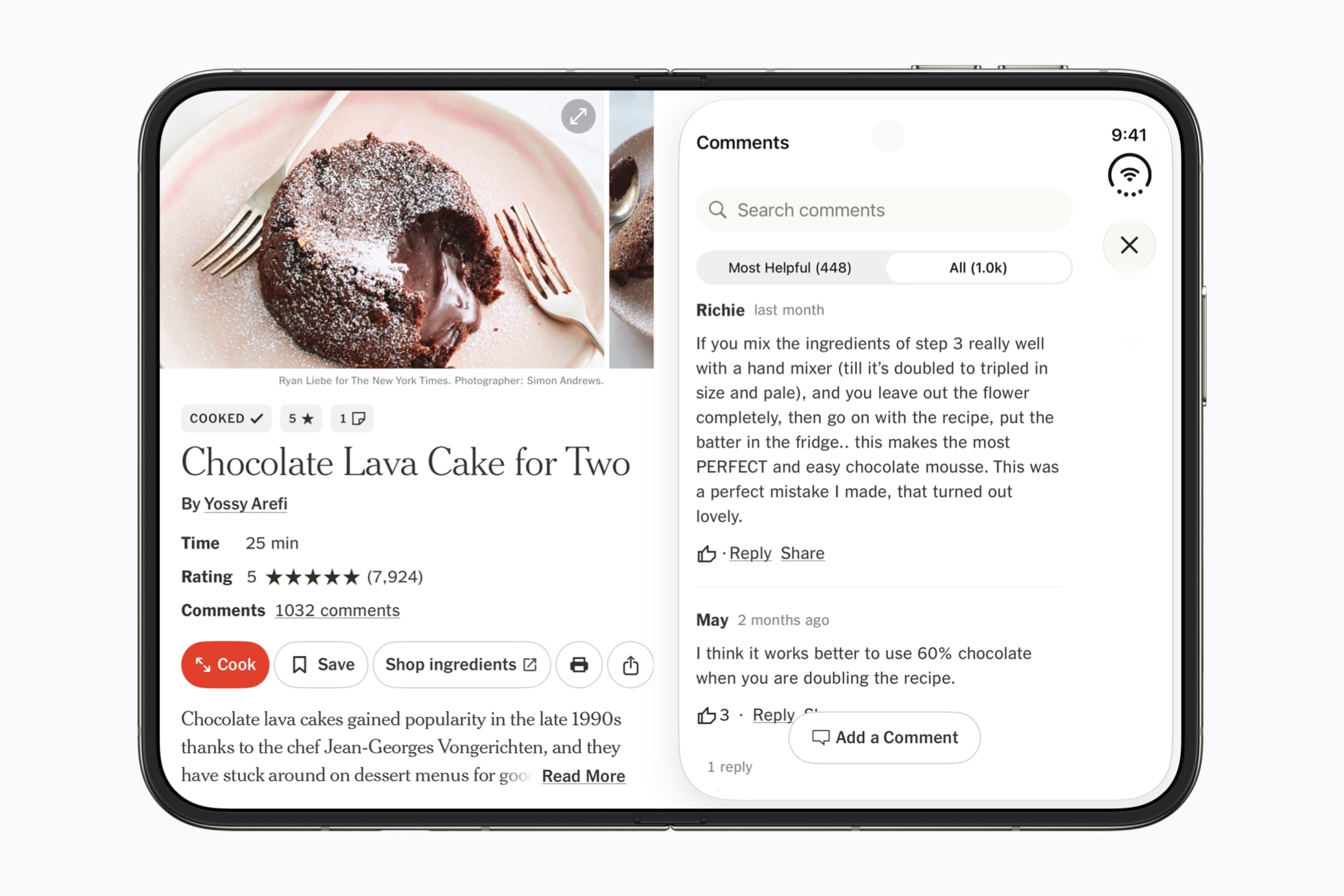 一部完全平放打開的 iPhone Duo,螢幕顯示《NYT Cooking》app。