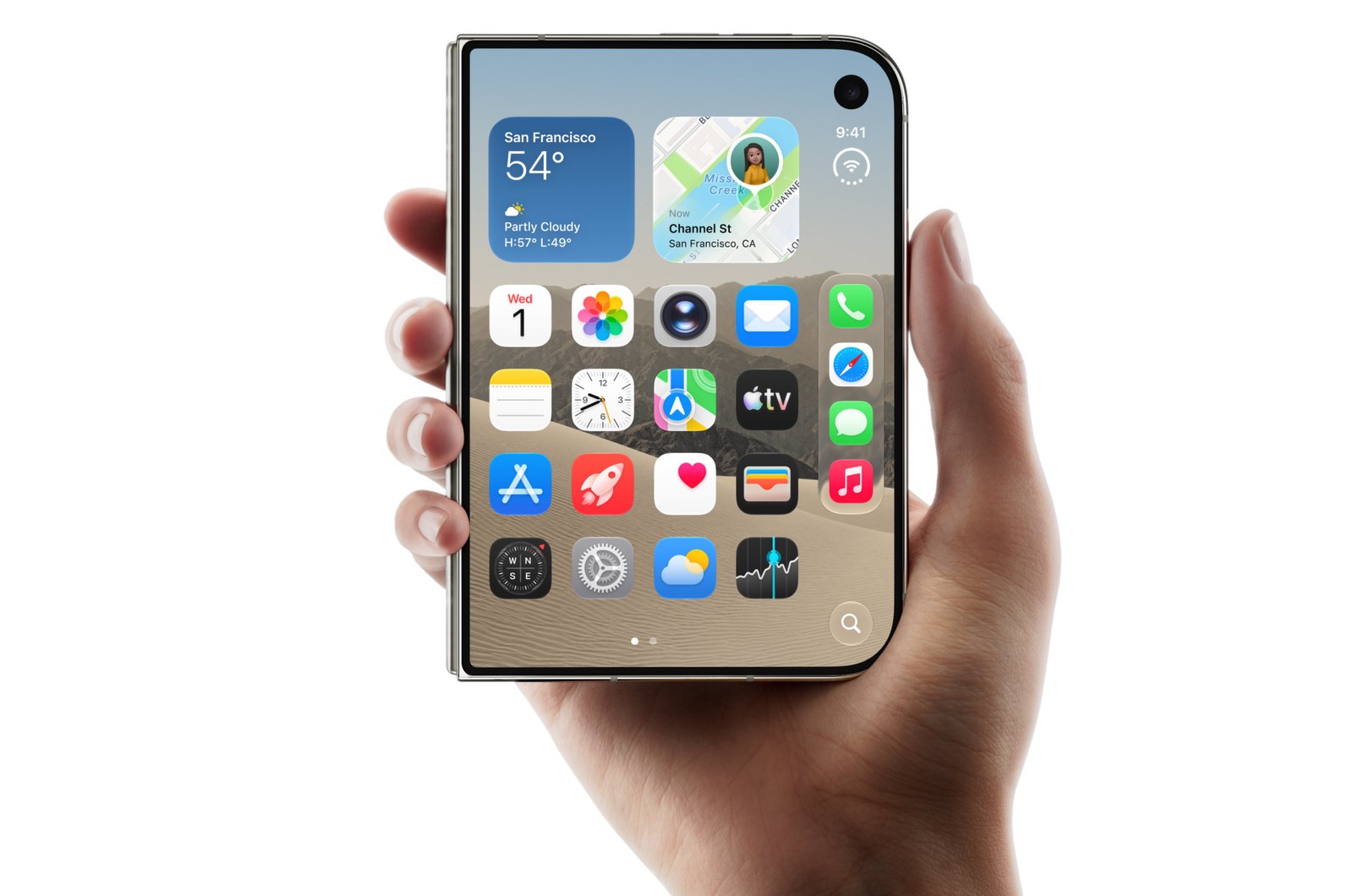 單手握持的 iPhone Duo 外螢幕顯示主畫面。