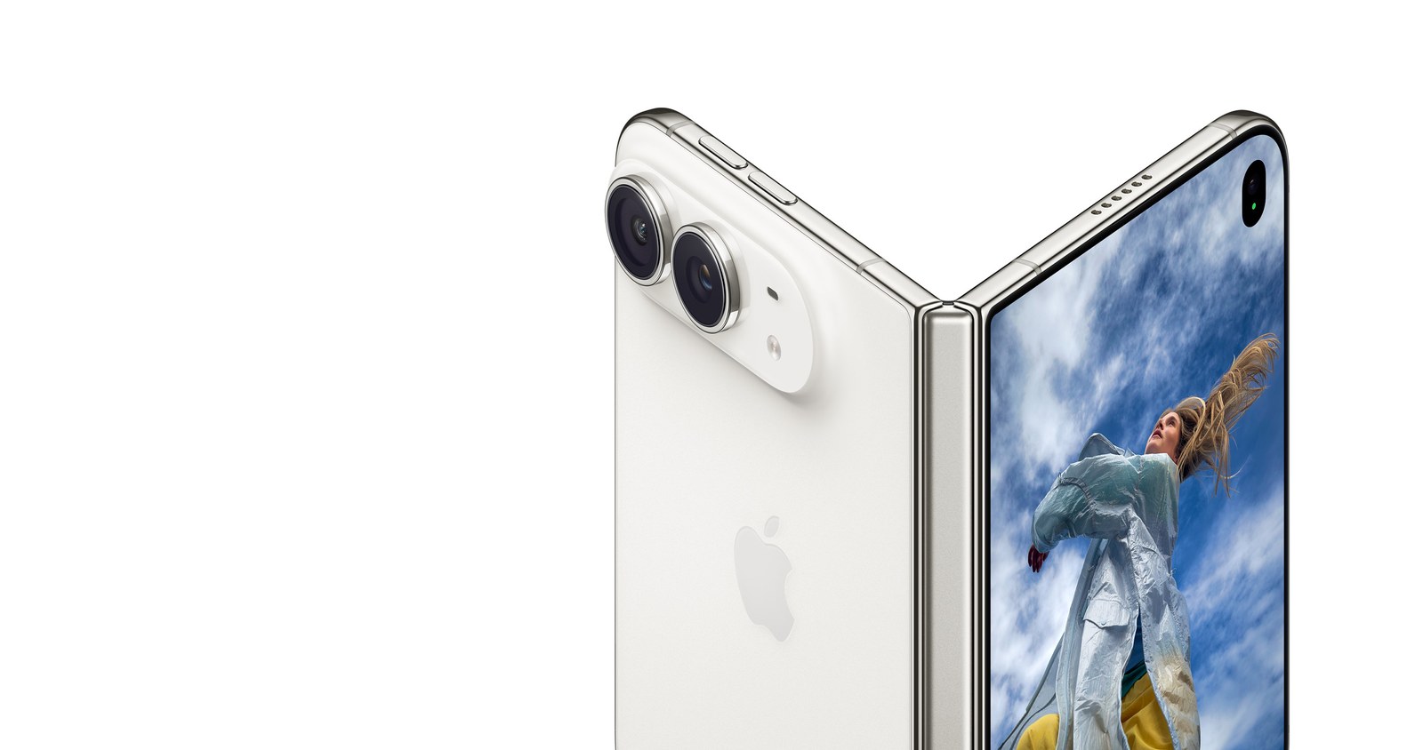 白色 iPhone Duo 摺合後展示鏡頭模組及內螢幕。