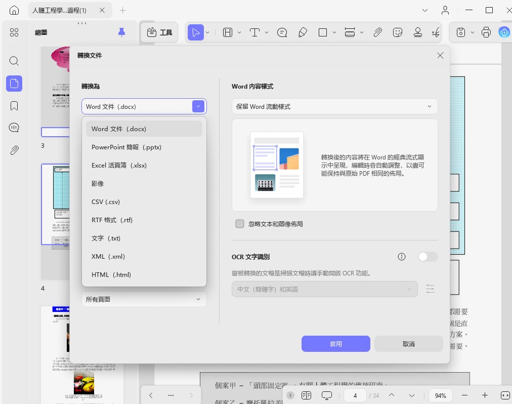 轉換文件視窗設定 Excel 活頁簿格式及頁面範圍